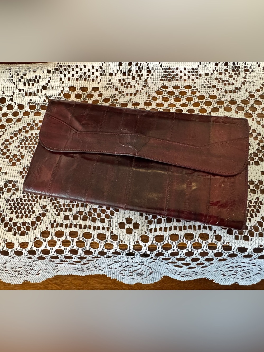 1980s Royal Hock Burgundy Eel Skin Trifold Clutch Wallet